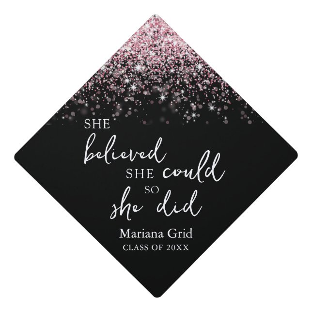 Toque De Diplômé Pink Glitter She Believed She Could Name (Devant)