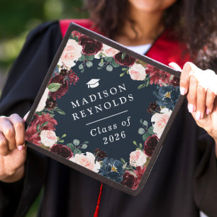 Toque De Diplômé Promotion 2026 Bourgogne Bleu Marine Floral Élégan