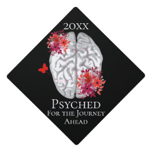 Toque De Diplômé Psychologie Cerveau Avec Fleurs Rouges