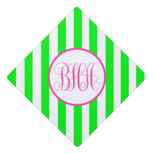 Toque De Diplômé Rayure vert citron et monogramme rose