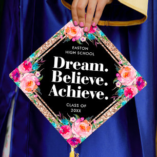 Toque De Diplômé Rêve Croire Réussir Floral Rose Doré Paillettes
