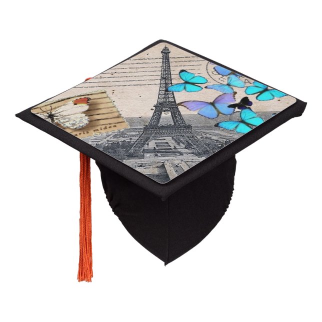 Toque De Diplômé romantique papillon bleu français paris tour eiffe (Incliné)