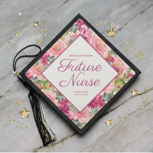 Toque De Diplômé Rose Floral Vert Feuilles futurs Infirmière Gradua