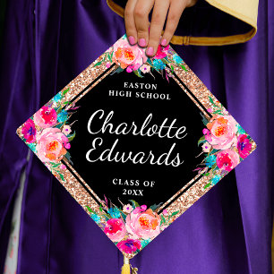 Toque De Diplômé Rose Gold Pailleté Fleurs Roses Nom Année École