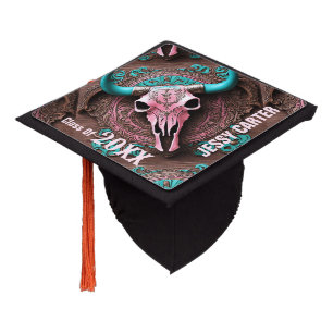 Toque De Diplômé Rose Turquoise Pays Occidental Cowgirl Bull Skull