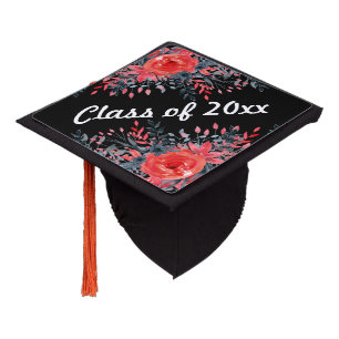 Toque De Diplômé Roses rouges en noir avec classe d'année