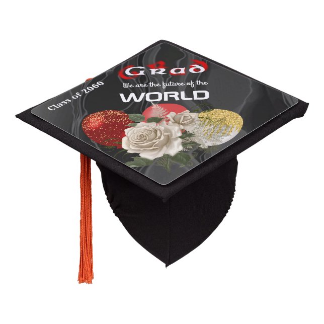Toque De Diplômé Rouge Blurred Text Blanc Anglais Rose & Ballons (Incliné)