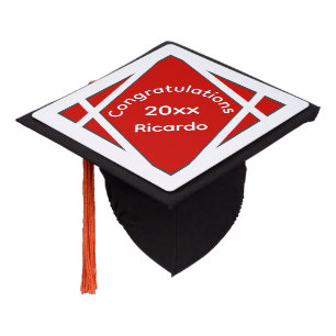 Toque De Diplômé Rouge et Blanc Félicitations Nom Année
