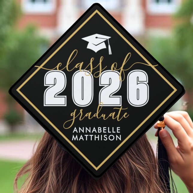 Toque De Diplômé Script Moderne Or Noir (Modern Script Black Gold Graduation Cap Topper)