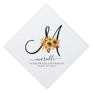 Toque De Diplômé Script Nom initial Sunflowers Graduation 2022