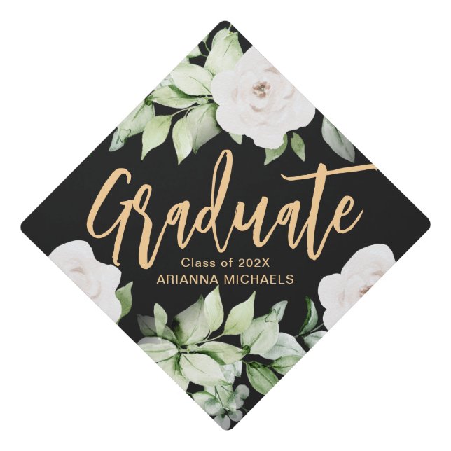 Toque De Diplômé Script végétal botanique avec nom noir (Devant)