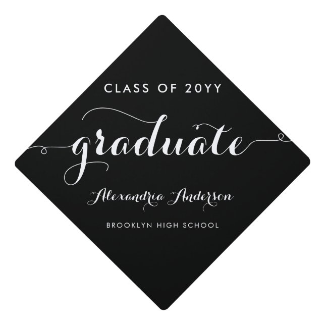 Toque De Diplômé Simple Graduate Élégant Script moderne noir blanc (Devant)