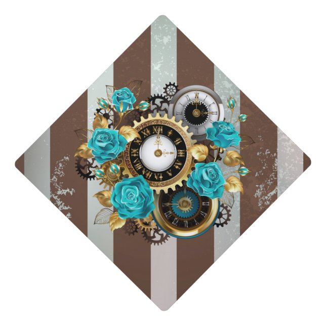 Toque De Diplômé Steampunk Clock and Turquoise Roses on Striped (Devant)