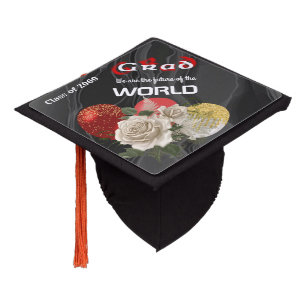 Toque De Diplômé Texte flou rouge Fleurs et ballons blancs anglais