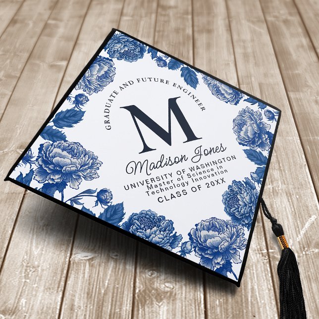 Toque De Diplômé Toile Bleu et Blanc De Jouy Peony Monogramme (Créateur téléchargé)