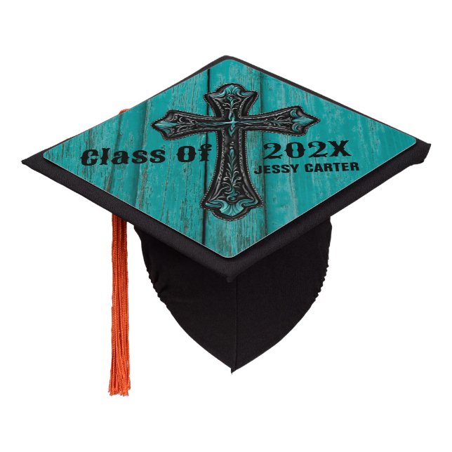 Toque De Diplômé Turquoise Bleu Occident Croix religieuse chrétienn (Incliné)