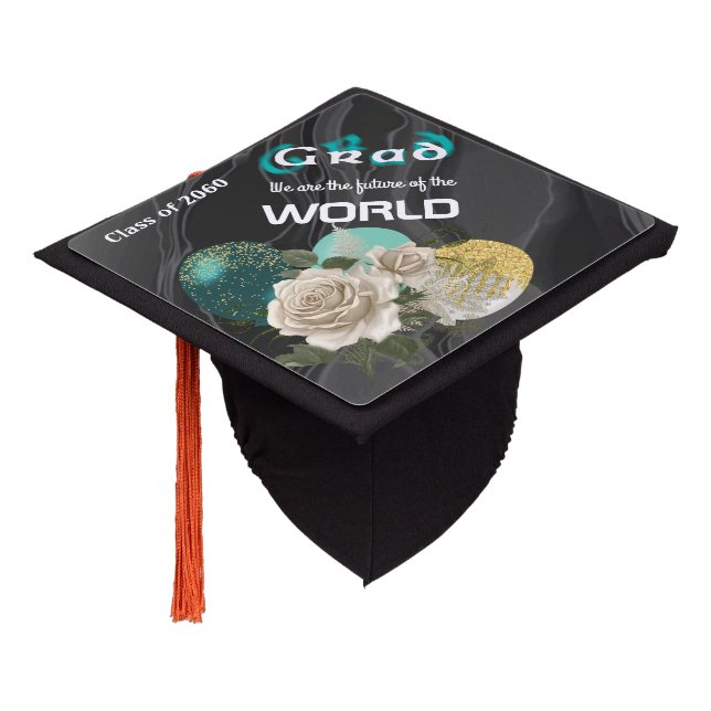 Toque De Diplômé Turquoise texte flou blanc anglais Rose & ballons (Incliné)