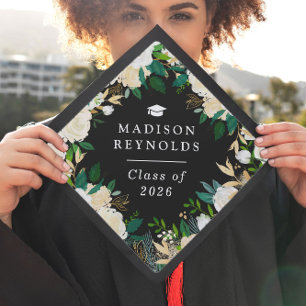 Toque De Diplômé Vert d'Ivoire Or Floral pour diplômé de 2026