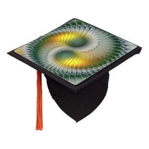 Toque De Diplômé Yin Yang Vert Jaune Abstrait Fractal Coloré
