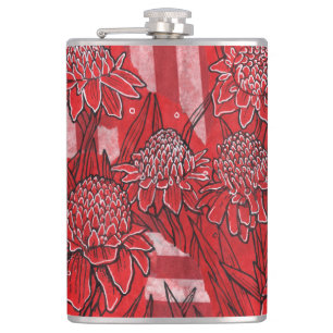 Torch Ginger Lily, Red Flowers Tropical Floral Art Hip Flask