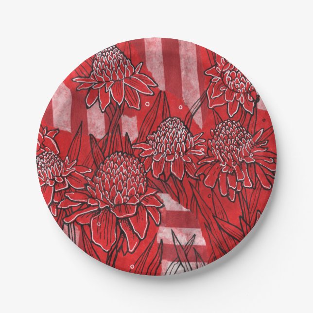 Torch Ginger Lily, Red Flowers Tropical Floral Art Paper Plate (Front)