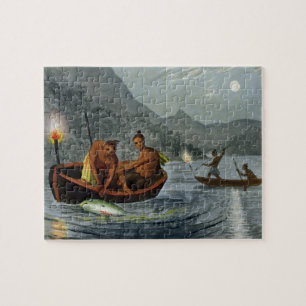 Torch Light Fishing in North America, engraved by Jigsaw Puzzle