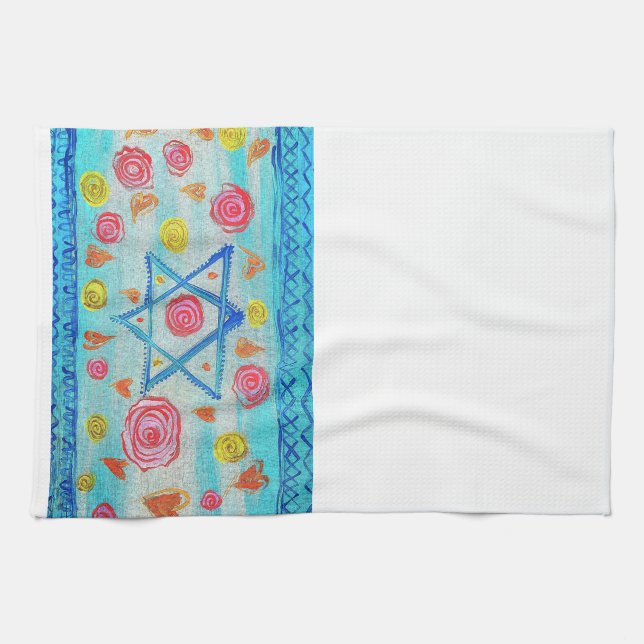 Torchon blanc israélien avec fleurs & coeurs (Horizontal)