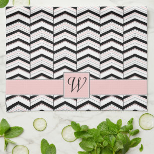 Torchon de cuisine chevron noir blanc et rose
