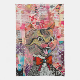 Torchon de cuisine en collage de papier mixte chat