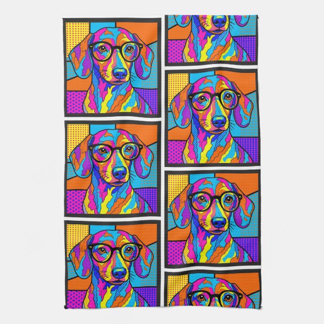 Torchon de cuisine Pop Art au motif d'un Dachshund (Vertical)