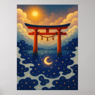 Torii Gate with Sun and Moon Fantasy Japanese Poster