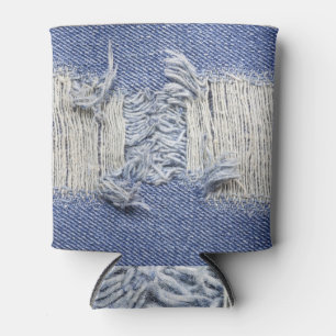 Torn blue denim: jeans texture. can cooler