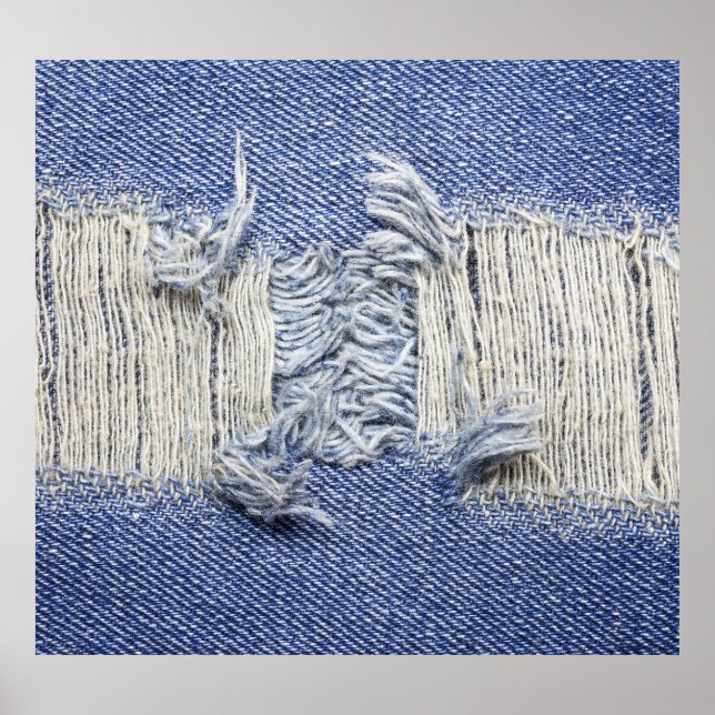 Torn blue denim: jeans texture. poster (Front)