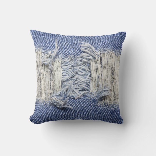 Torn blue denim: jeans texture. throw pillow (Front)