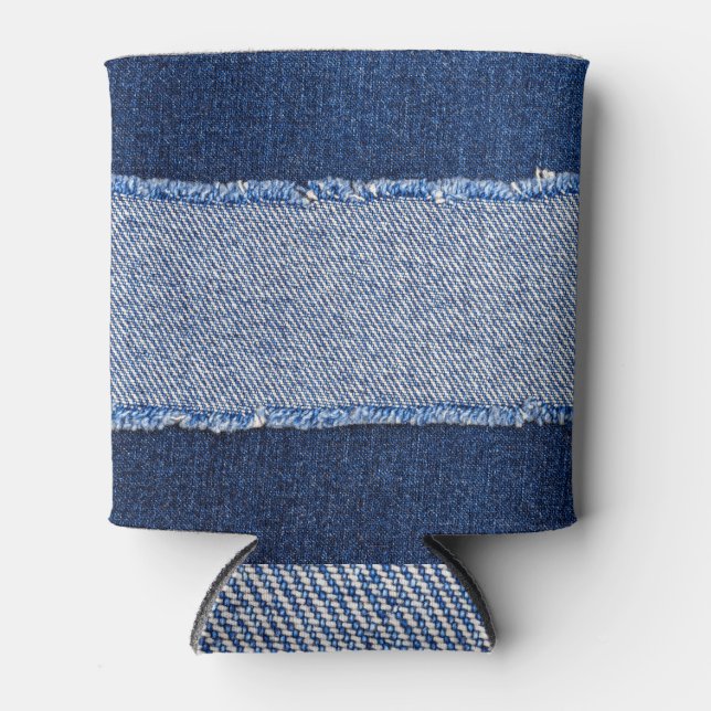 Torn denim: blue jeans fabric. can cooler (Front)