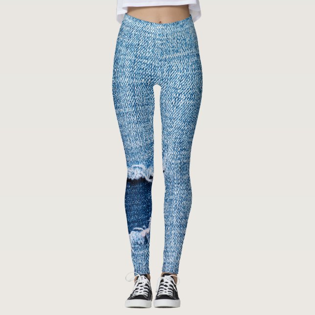 Torn denim fabric texture, blue hues. leggings (Front)