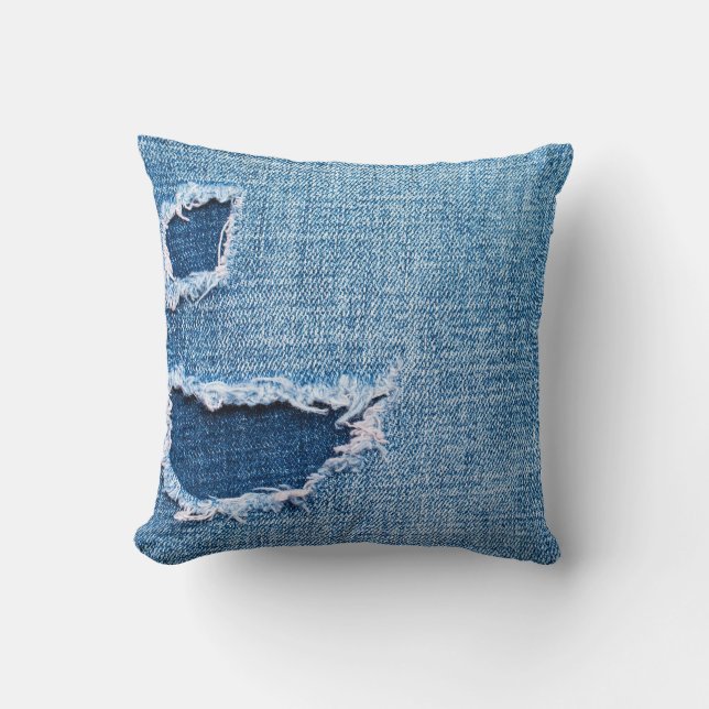 Torn denim fabric texture, blue hues. throw pillow (Front)