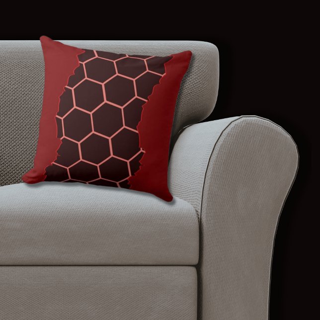 Torn Modern Red, Black Honeycomb Pattern Throw Pillow (Red Pillow Hexagon Pattern)