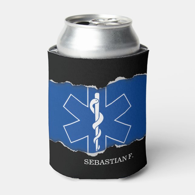 Torn Out EMT Paramedic Symbol Custom Name Can Cooler (Can Front)