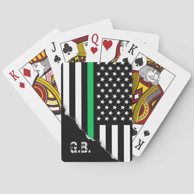 Torn Out Green Line Flag Custom Initials Playing Cards (Back)
