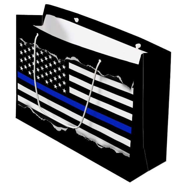 Torn Out Look Thin Blue Line American Flag Black Large Gift Bag (Front Angled)