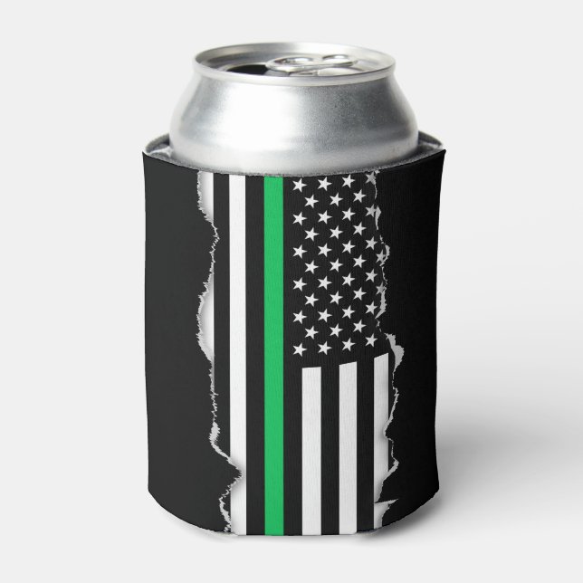 Torn Out Look Thin Green Line American Flag Can Cooler (Can Front)