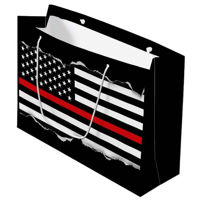 Torn Out Look Thin Red Line American Flag Black Large Gift Bag (Front Angled)