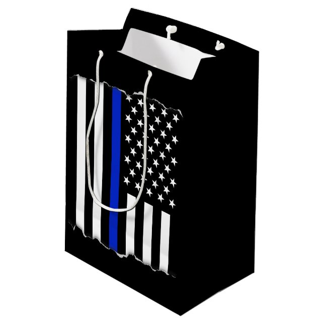 Torn Out Police Thin Blue Line American Flag Medium Gift Bag (Back Angled)