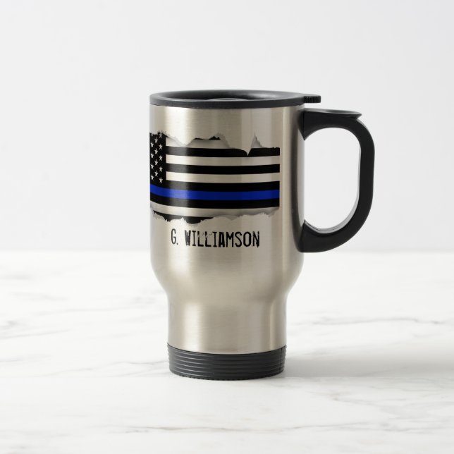 Torn Out Thin Blue Line American Flag Custom Name Travel Mug (Right)