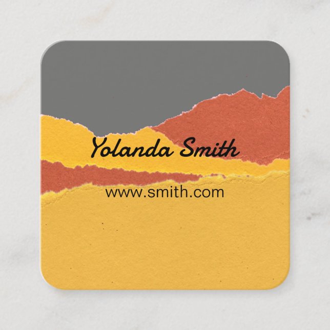 torn paper modern abstract art orange and grey square business card (Front)