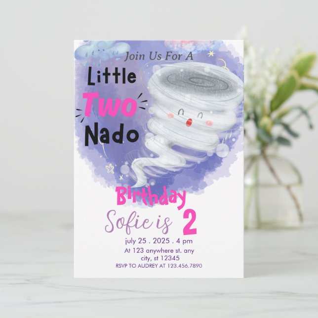 Tornado Pink Girls 2 Birthday Two-Nado Invitation  (Standing Front)