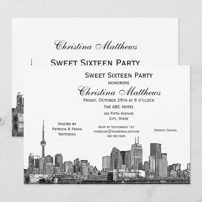 Toronto Etch DIY BG Colour Sweet 16 Wht Invitation (Front/Back)
