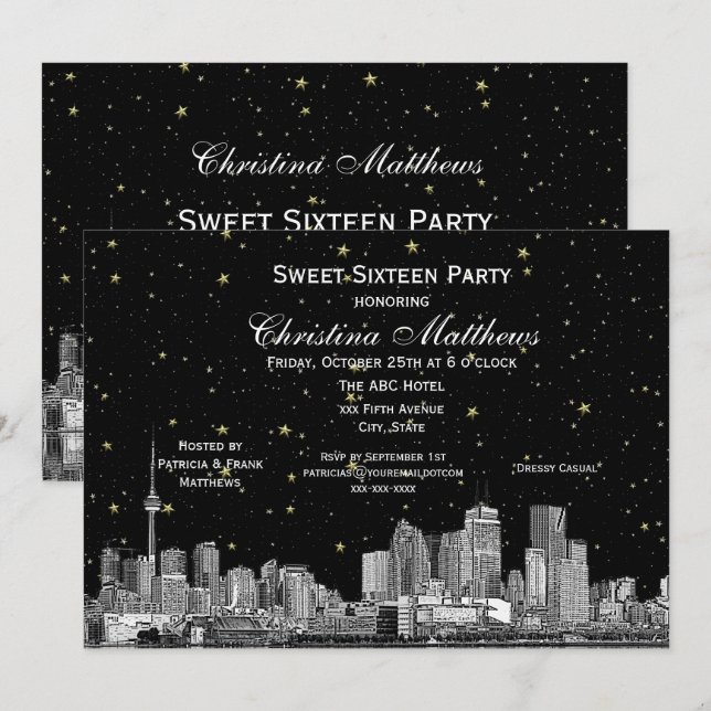 Toronto Etch Starry DIY BG Colour Sweet 16 Blk Invitation (Front/Back)