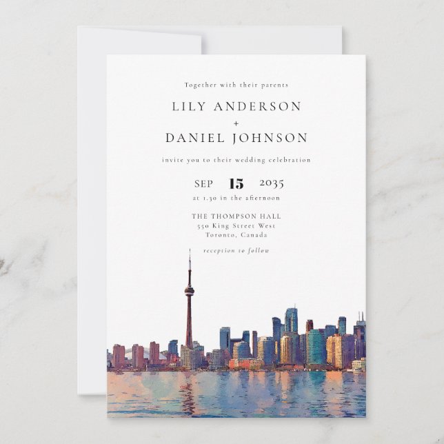 Toronto Skyline Watercolor All In One Wedding Invitation (Front)